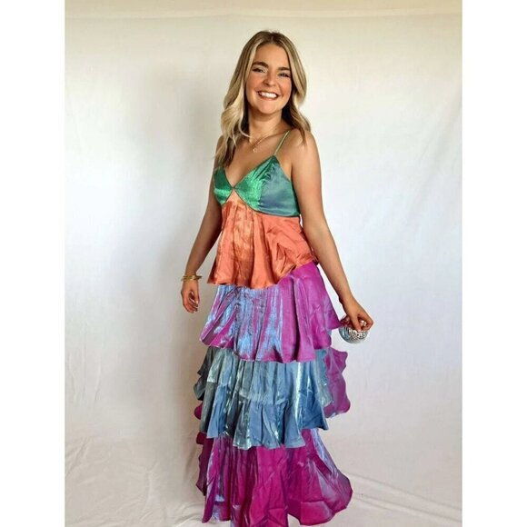 Harvest Hour Tiered Colorblock Dress in Emerald/Purple - Picture 6 of 7